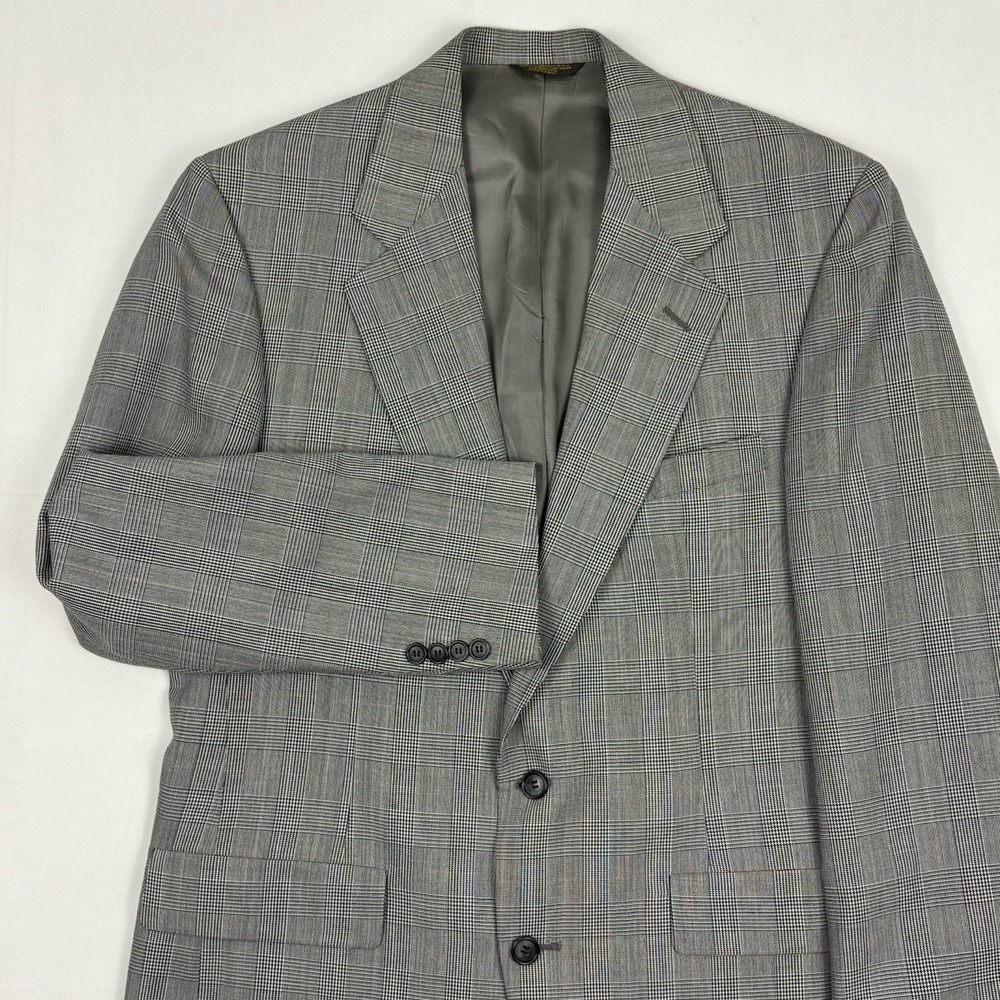 VTG 80s Palm Beach Wool Glen Plaid Sport Coat 42L Navy/Tan Houndstooth USA